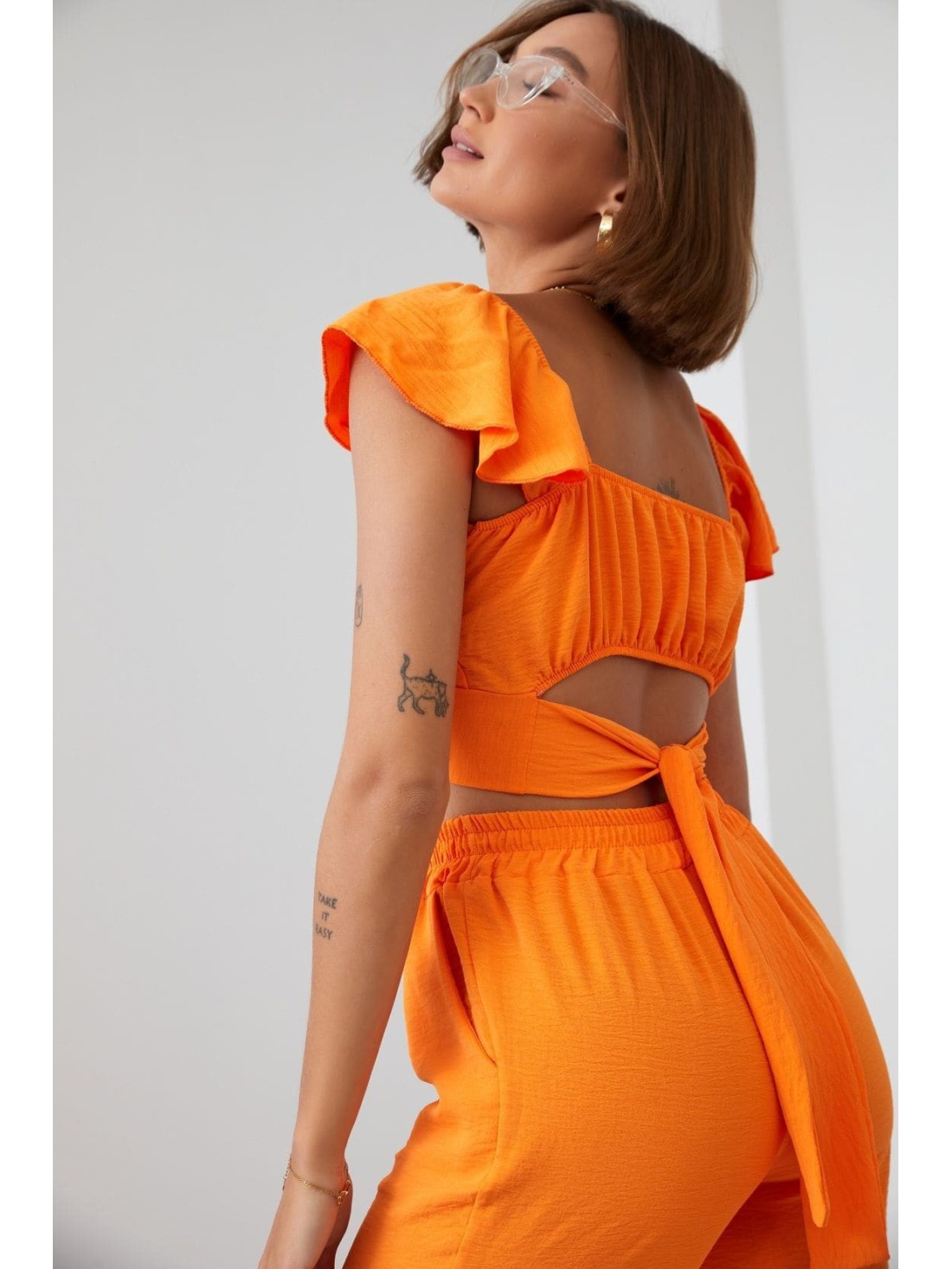 Oranžový crop top set so širokými nohavicami 8108 - Internetový obchod - Butik